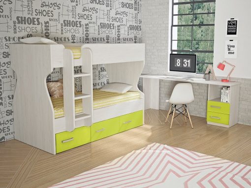 Dormitorio juvenil, color verde - cama litera con cajones y escritorio - Luddo 26