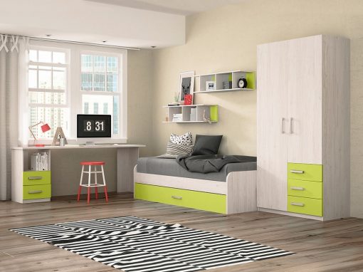 Dormitorio juvenil - color verde - cama nido, mesa de estudio, armario y estanterías - Luddo 06