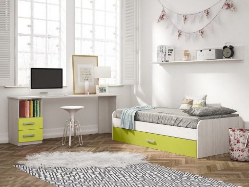 Dormitorio juvenil color verde - escritorio de 2 cajones, cama nido y estante de pared - Luddo 05