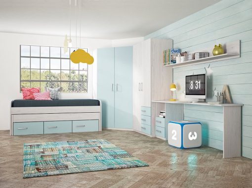 Dormitorio juvenil en color azul - 2 armarios, cama, escritorio y estante - Luddo 16