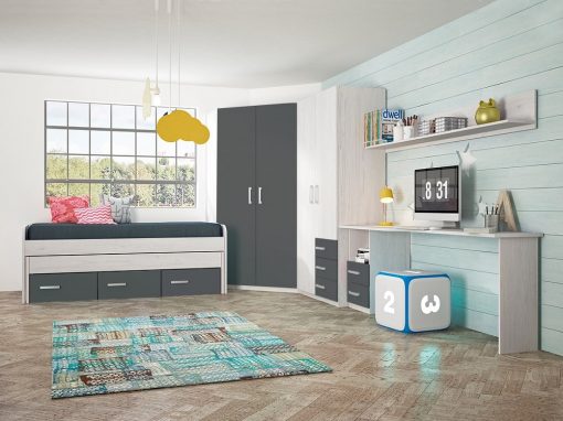 Dormitorio juvenil en color gris - 2 armarios, cama, escritorio y estante - Luddo 16