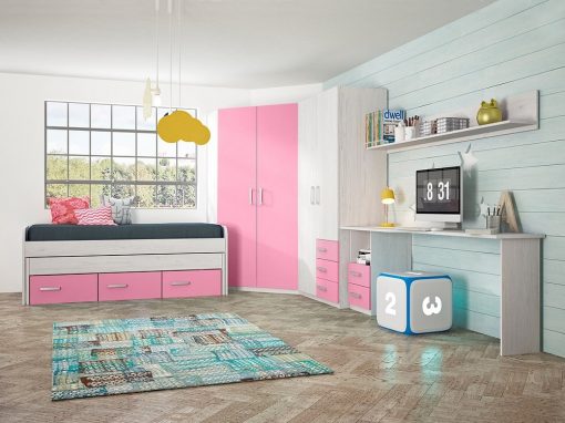Dormitorio juvenil en color rosa - 2 armarios, cama, escritorio y estante - Luddo 16