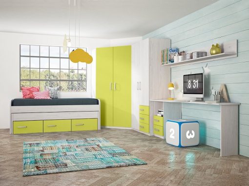 Dormitorio juvenil en color verde - 2 armarios, cama, escritorio y estante - Luddo 16