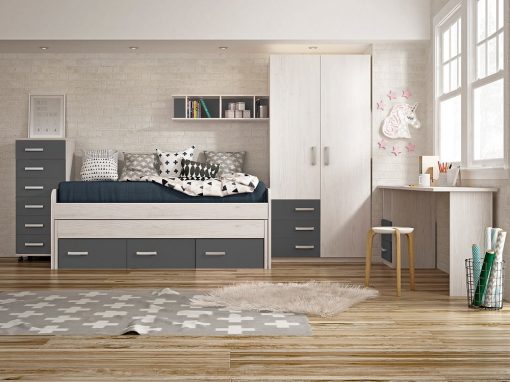 Dormitorio juvenil, gris oscuro con gris claro - sinfonier, armario, cama, escritorio y estantería - Luddo 14