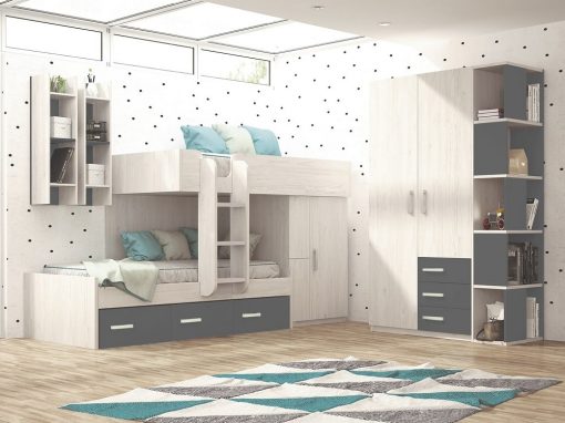 Dormitorio juvenil - gris oscuro y gris claro - cama tren con armario, armario 2 puertas y estanterías - Luddo 22