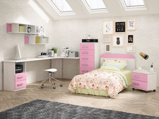 Dormitorio juvenil rosa - sinfonier, cabecero, escritorio, mesa de noche, estanterías - Luddo 27