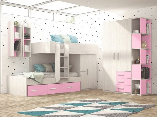 Dormitorio juvenil - rosa y gris claro - cama tren con armario, armario 2 puertas y estanterías - Luddo 22