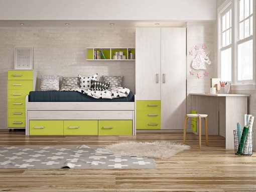 Dormitorio juvenil, verde con gris claro - sinfonier, armario, cama, escritorio y estantería - Luddo 14
