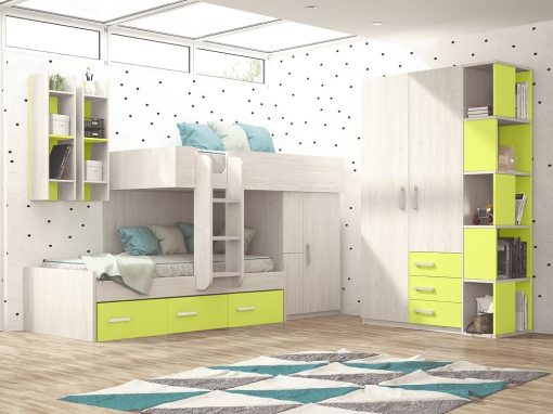 Dormitorio juvenil - verde y gris claro - cama tren con armario, armario 2 puertas y estanterías - Luddo 22