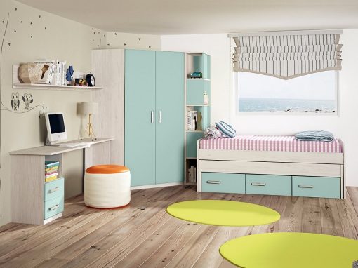 Dormitorio juvenil. Armario rincón con estantería lateral, cama, mesa estudio y estante. Azul - Luddo 09