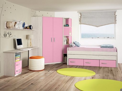Dormitorio juvenil. Armario rincón con estantería lateral, cama, mesa estudio y estante. Rosa - Luddo 09
