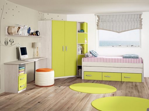 Dormitorio juvenil. Armario rincón con estantería lateral, cama, mesa estudio y estante. Verde - Luddo 09
