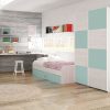 Dormitorio juvenil. Azul con gris claro. Armario puertas correderas, cama, escritorio, estanterías - Luddo 03