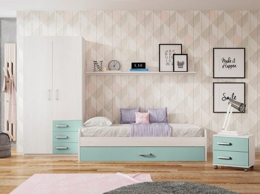 Dormitorio juvenil. Azul y gris claro. Cama nido, mesa de noche, armario y estante - Luddo 01
