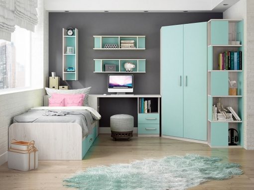 Dormitorio juvenil. Azul. Armario de esquina con terminal, escritorio, cama, estanterías - Luddo 02