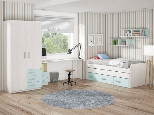 Dormitorio juvenil. Color azul. Cama compacta, armario, escritorio, estanterías - Luddo 20