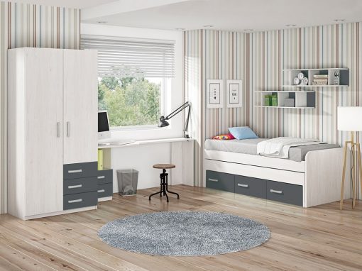 Dormitorio juvenil. Color gris. Cama compacta, armario, escritorio, estanterías - Luddo 20