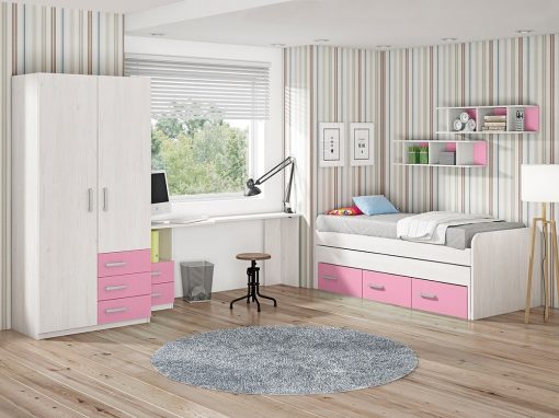 Dormitorio juvenil. Color rosa. Cama compacta, armario, escritorio, estanterías - Luddo 20