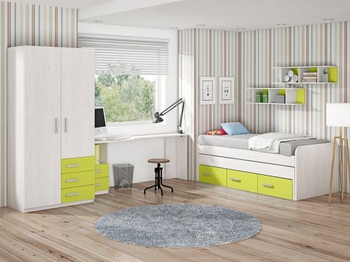 Dormitorio juvenil. Color verde. Cama compacta, armario, escritorio, estanterías - Luddo 20
