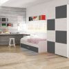 Dormitorio juvenil. Gris oscuro con gris claro. Armario puertas correderas, cama, escritorio, estanterías - Luddo 03