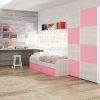 Dormitorio juvenil. Rosa con gris claro. Armario puertas correderas, cama, escritorio, estanterías - Luddo 03