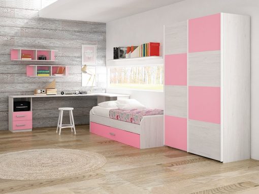 Children's Furniture Set. Pink and Light Grey. Sliding Doors Wardrobe, Bed, Desk, Shelves - Luddo 03