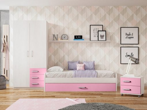 Dormitorio juvenil. Rosa y gris claro. Cama nido, mesa de noche, armario y estante - Luddo 01