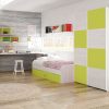 Dormitorio juvenil. Verde con gris claro. Armario puertas correderas, cama, escritorio, estanterías - Luddo 03