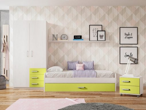 Dormitorio juvenil. Verde y gris claro. Cama nido, mesa de noche, armario y estante - Luddo 01