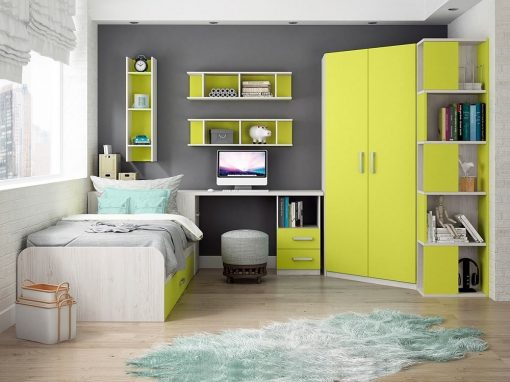 Dormitorio juvenil. Verde. Armario de esquina con terminal, escritorio, cama, estanterías - Luddo 02