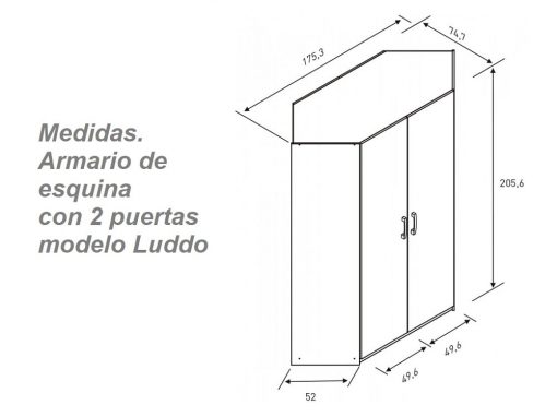 Размеры углового шкаф для детской комнаты, 2 двери, 6 полок - Luddo