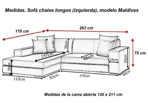 Medidas. Sofá chaise longue cama modelo Maldives