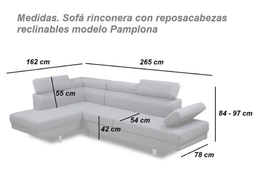 Medidas. Sofá rinconera con reposacabezas reclinables modelo Pamplona