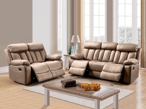 Conjunto de sofás 3+2 relax, tela beige, con reposapiés abatibles y respaldos reclinables - Barcelona