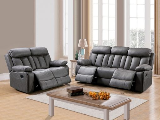 Conjunto de sofás 3+2 relax, tela gris, con reposapiés abatibles y respaldos reclinables - Barcelona