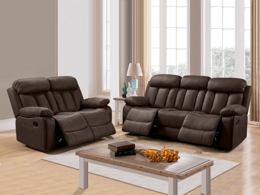 Conjunto de sofás 3+2 relax, tela marrón (chocolate), con reposapiés abatibles y respaldos reclinables - Barcelona