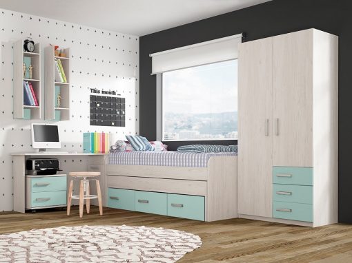 Conjunto dormitorio juvenil, color azul - cama, armario, escritorio, mesa de noche y estanterías - Luddo 18