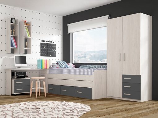 Conjunto dormitorio juvenil, color gris - cama, armario, escritorio, mesa de noche y estanterías - Luddo 18