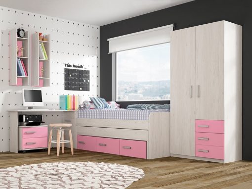 Conjunto dormitorio juvenil, color rosa - cama, armario, escritorio, mesa de noche y estanterías - Luddo 18