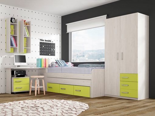 Conjunto dormitorio juvenil, color verde - cama, armario, escritorio, mesa de noche y estanterías - Luddo 18