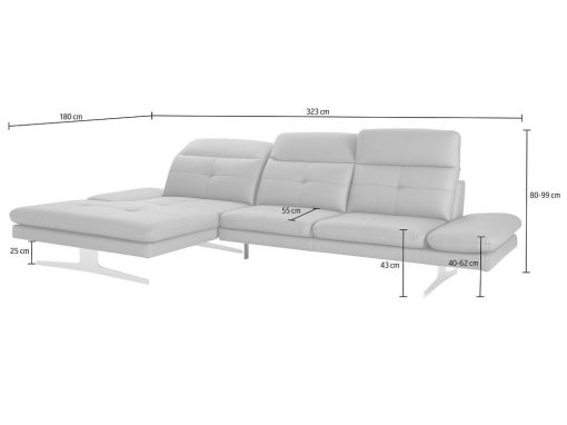 Medidas del sofá chaise longue moderno de piel auténtica. Modelo New York