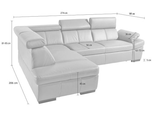 Medidas del sofá rinconera en piel auténtica con cama, arcón, reposacabezas reclinables - Vienna