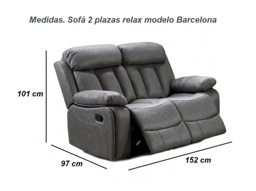 Medidas. Sofá dos plazas relax con reposapiés, respaldos reclinables, modelo Barcelona