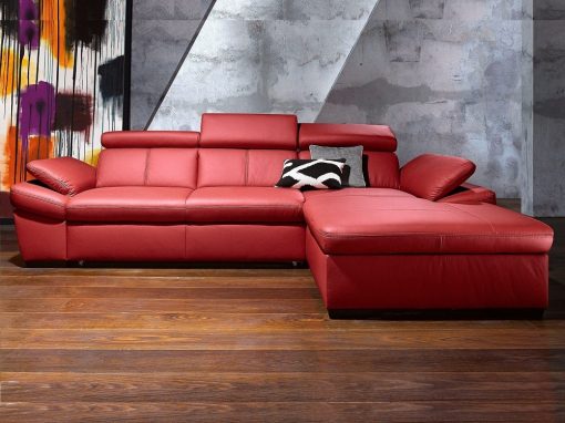 Sofá chaise longue de piel auténtica color rojo, reposacabezas reclinables. Chaise longue lado derecho - Vienna