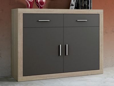 Small modern sideboard, 2 drawers, 2 doors - Catania. “Oak” with dark grey doors