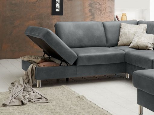 Arcón abierto del sofá tapizado en piel auténtica color gris modelo Cleveland