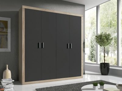 Modern 4 Hinged Door Wardrobe – Catania. Oak Colour with Dark Grey Doors