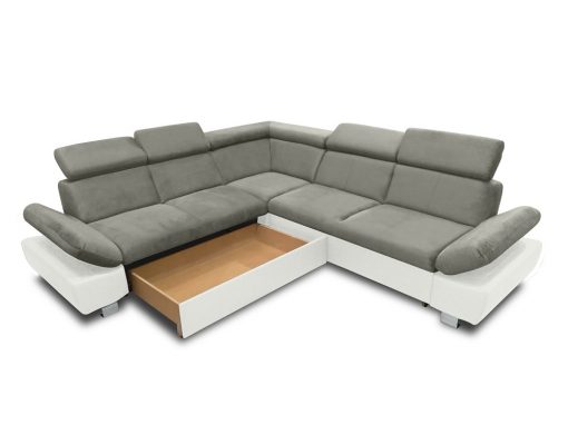 Baúl modo abierto (lado izquierdo) del sofá rinconera con cama modelo Reims. Gris blanco