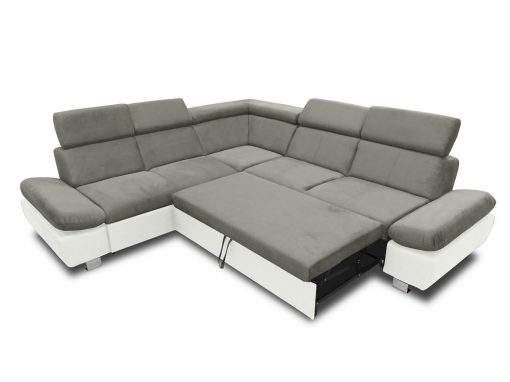 Cama abierta del sofá rinconera con baúl extraíble (izquierdo) y reposabrazos reclinables - Reims. Gris con blanco