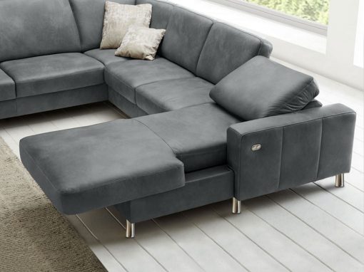 Chaise longue eléctrico del sofá tapizado en piel auténtica color gris modelo Cleveland
